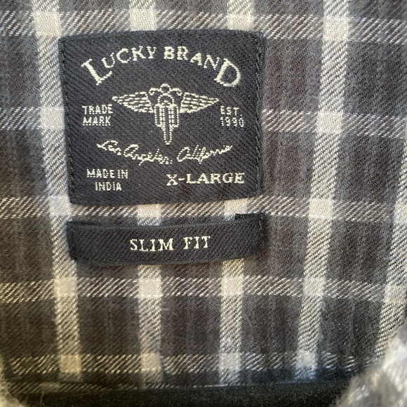 Men's Lucky Brand Black Plaid Flannel XL Button Pockets Logo Classic Slim Fit - Picture 2 of 11
